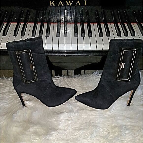 VIA SPIGA BLACK SUEDE BOOTS W/ GOLD HARDWARE